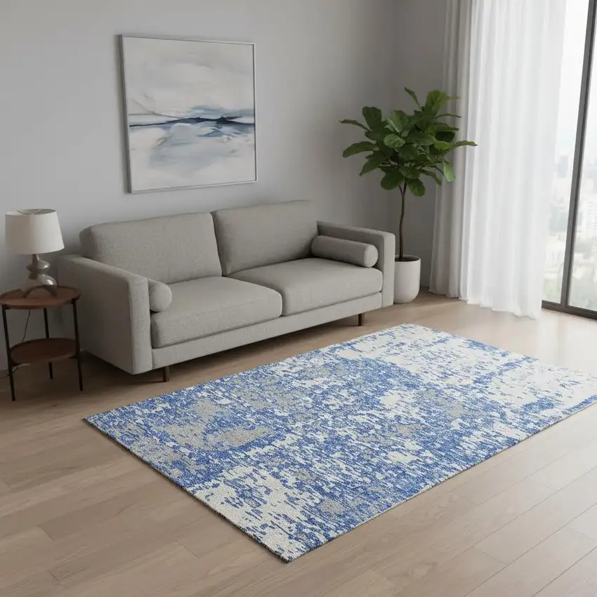 Blue And Ivory Abstract Washable Area Rug With UV Protection Photo 2