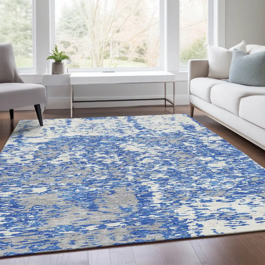 Blue And Ivory Abstract Washable Area Rug With UV Protection Photo 5