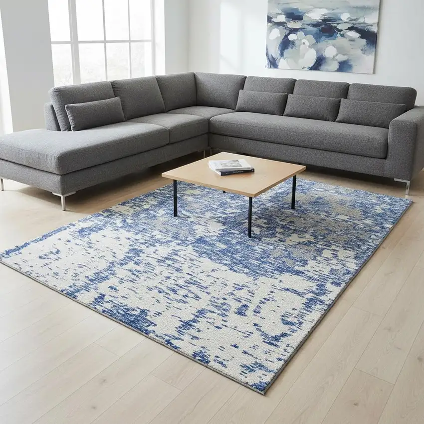 Blue And Ivory Abstract Washable Area Rug With UV Protection Photo 2