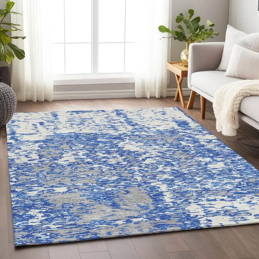 Blue And Ivory Abstract Washable Area Rug With UV Protection Photo 4