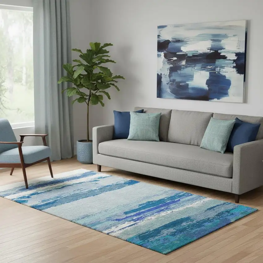 Blue And Ivory Abstract Washable Area Rug With UV Protection Photo 2