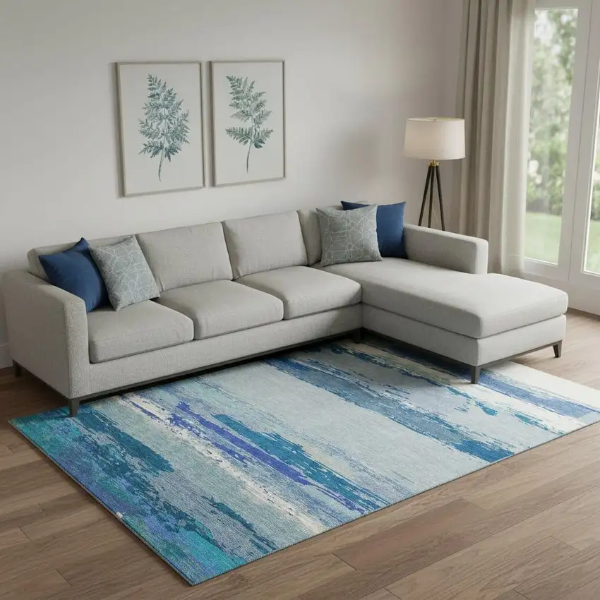 Blue And Ivory Abstract Washable Area Rug With UV Protection Photo 2