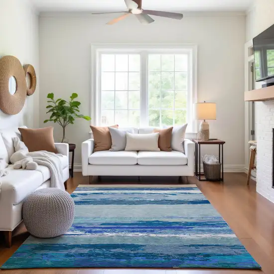 Blue And Ivory Abstract Washable Area Rug With UV Protection Photo 5