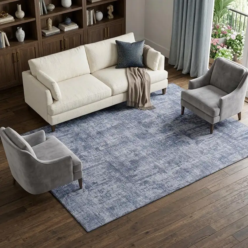 Blue And Ivory Abstract Washable Area Rug With UV Protection Photo 1
