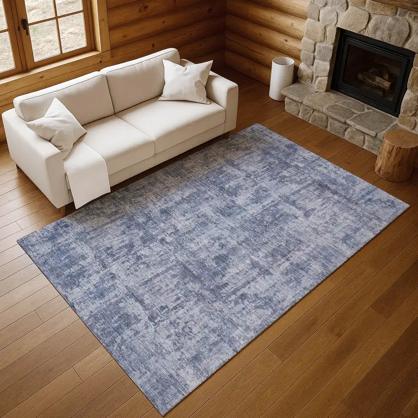 Blue And Ivory Abstract Washable Area Rug With UV Protection Photo 5
