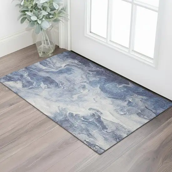 Blue And Ivory Abstract Washable Area Rug With UV Protection Photo 2