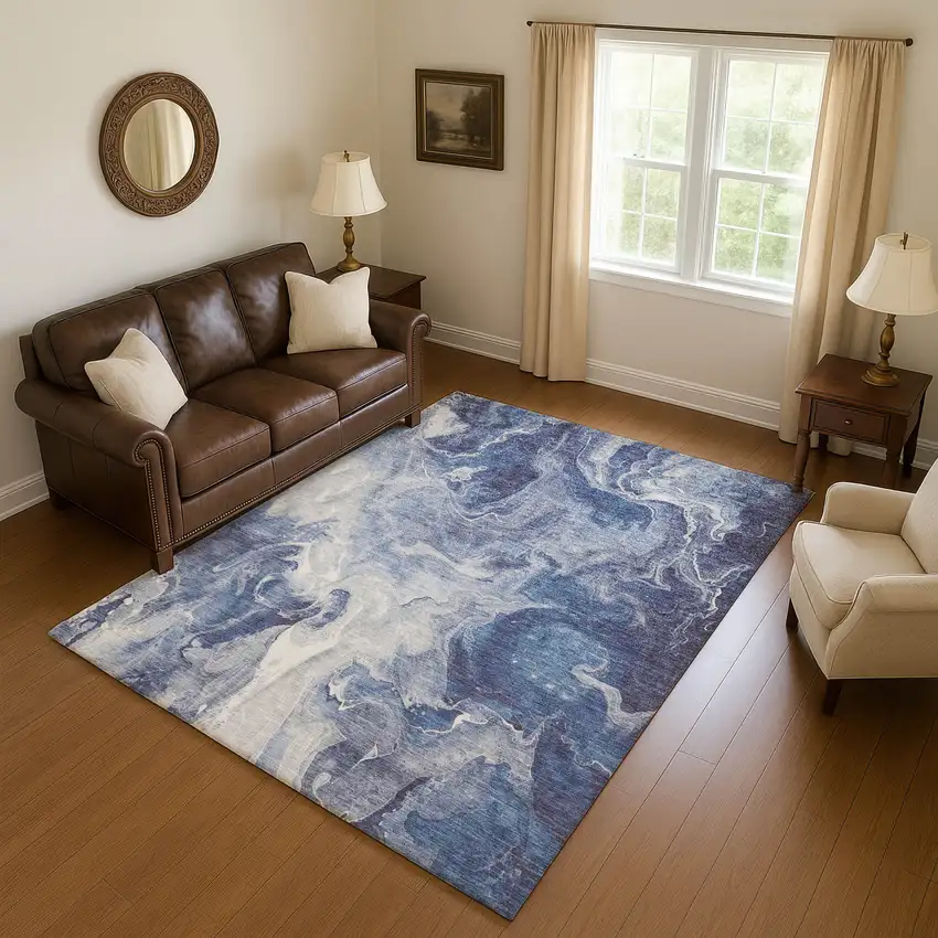 Blue And Ivory Abstract Washable Area Rug With UV Protection Photo 4