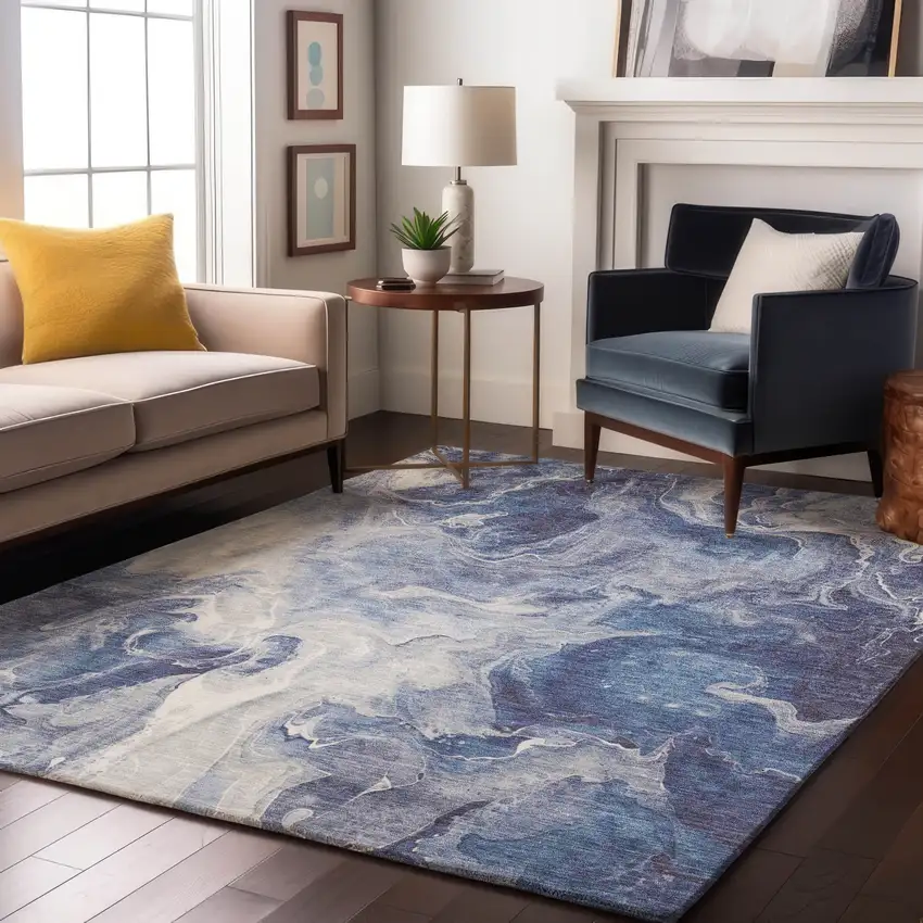 Blue And Ivory Abstract Washable Area Rug With UV Protection Photo 5