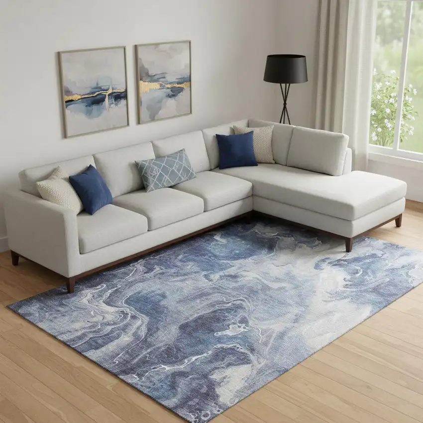 Blue And Ivory Abstract Washable Area Rug With UV Protection Photo 2
