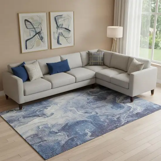 Blue And Ivory Abstract Washable Area Rug With UV Protection Photo 2