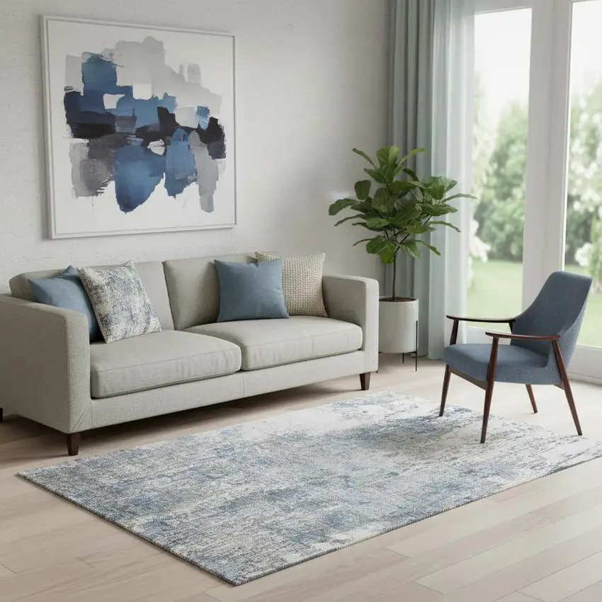 Blue And Ivory Abstract Washable Area Rug With UV Protection Photo 2