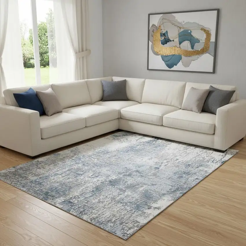 Blue And Ivory Abstract Washable Area Rug With UV Protection Photo 2