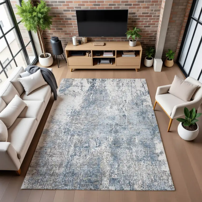 Blue And Ivory Abstract Washable Area Rug With UV Protection Photo 5