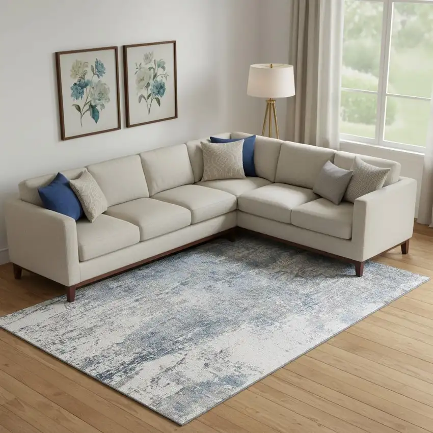 Blue And Ivory Abstract Washable Area Rug With UV Protection Photo 2