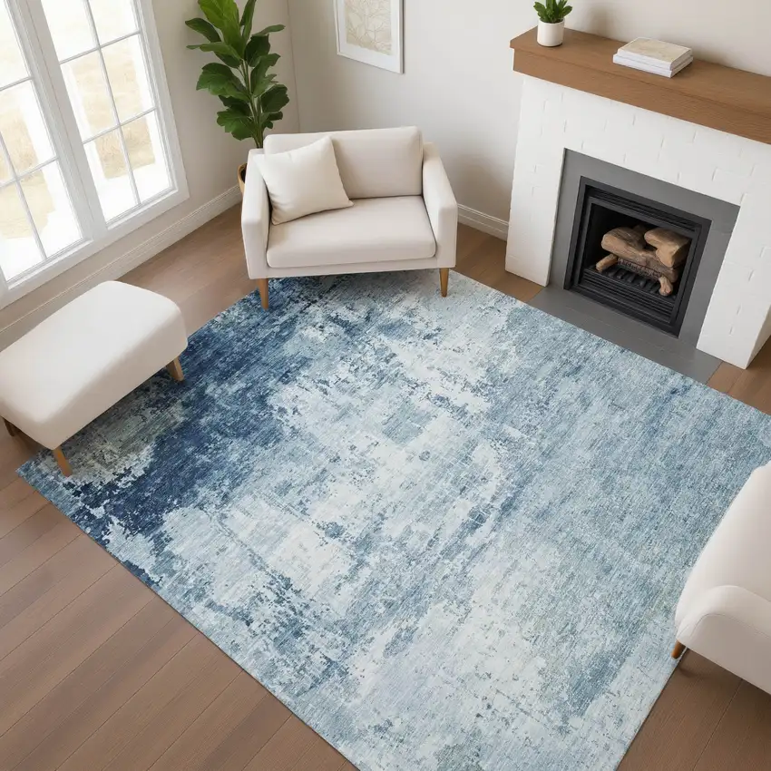 Blue And Ivory Abstract Washable Area Rug With UV Protection Photo 4