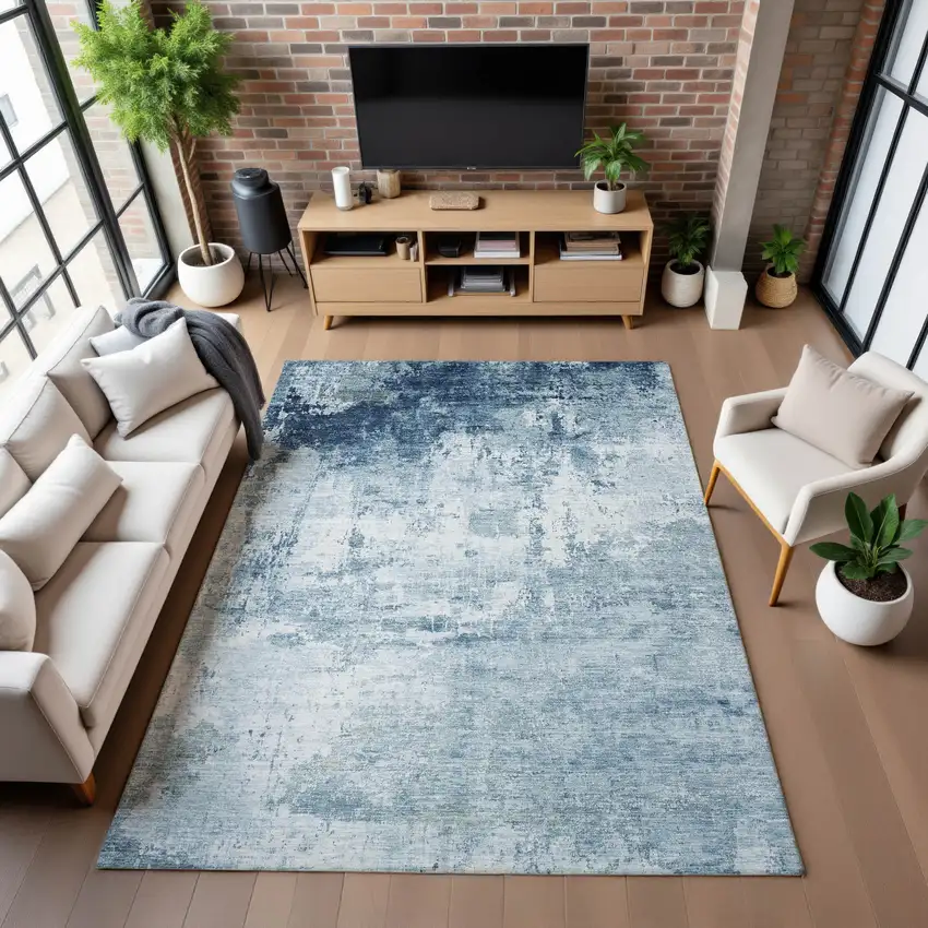 Blue And Ivory Abstract Washable Area Rug With UV Protection Photo 5