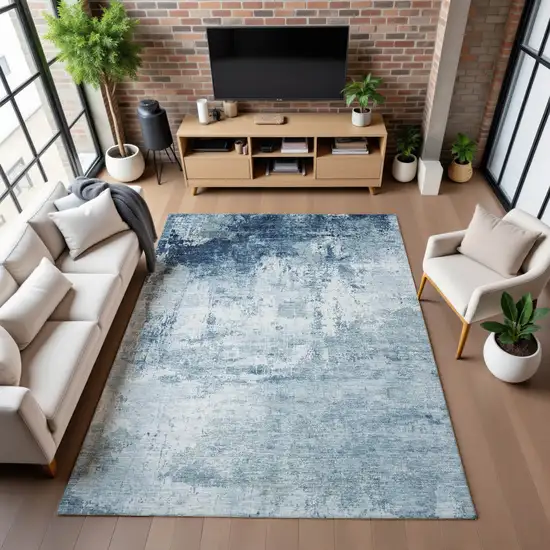 Blue And Ivory Abstract Washable Area Rug With UV Protection Photo 5