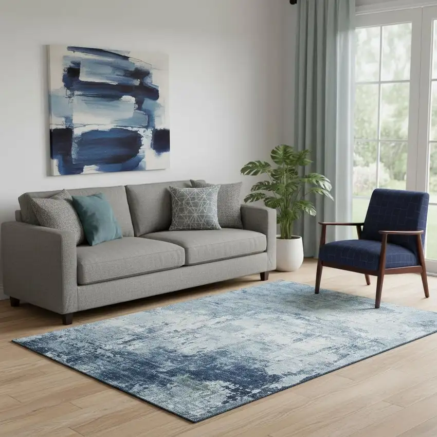Blue And Ivory Abstract Washable Area Rug With UV Protection Photo 2