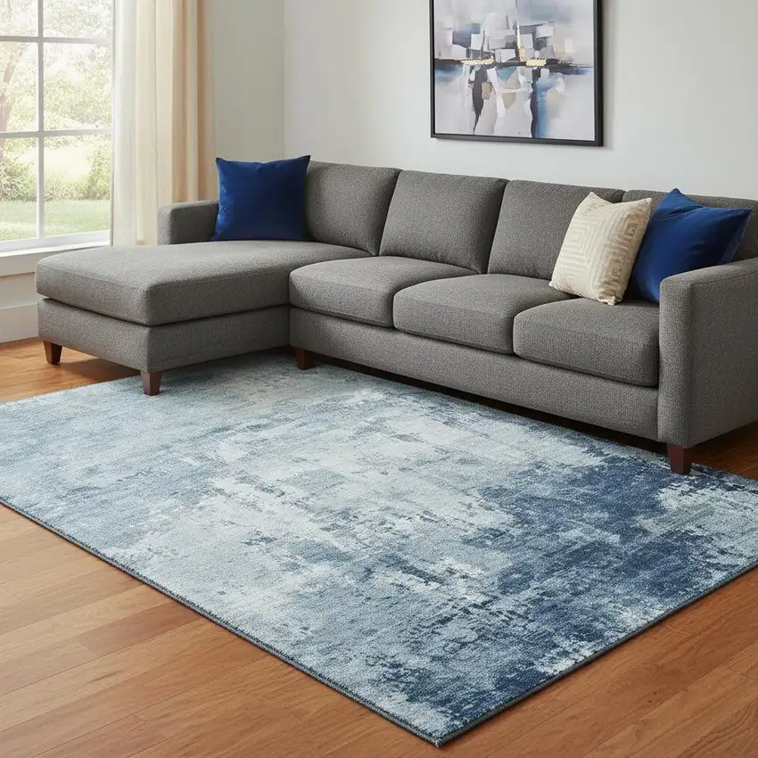 Blue And Ivory Abstract Washable Area Rug With UV Protection Photo 2