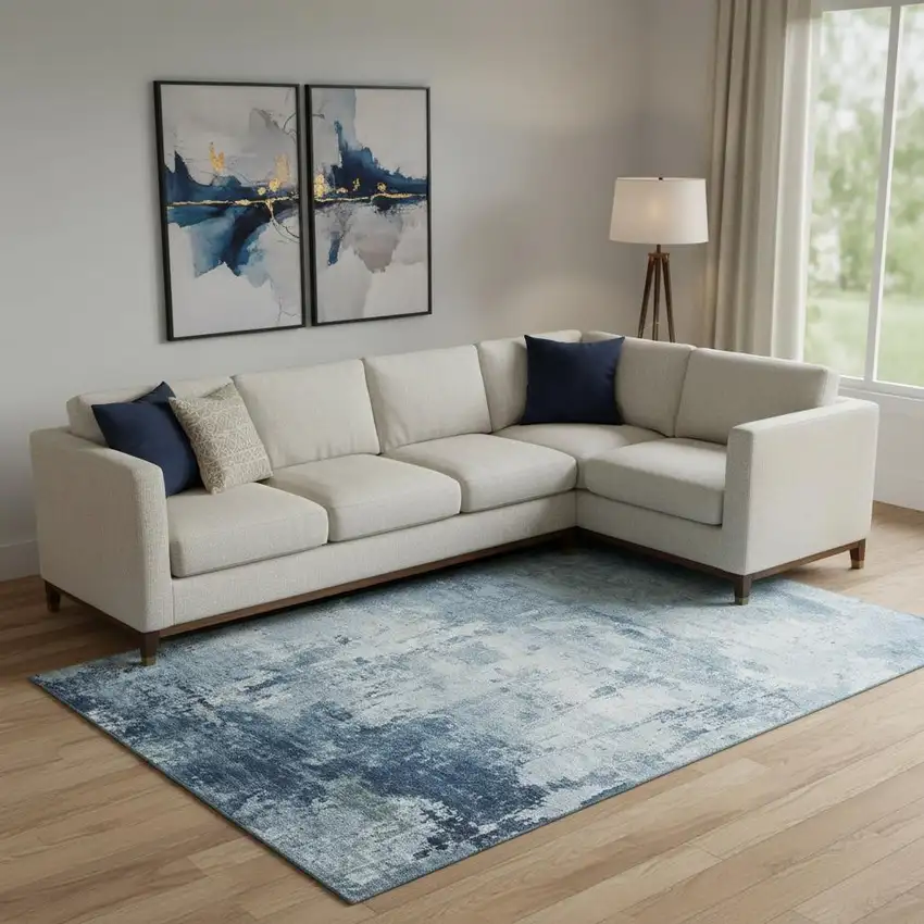 Blue And Ivory Abstract Washable Area Rug With UV Protection Photo 2