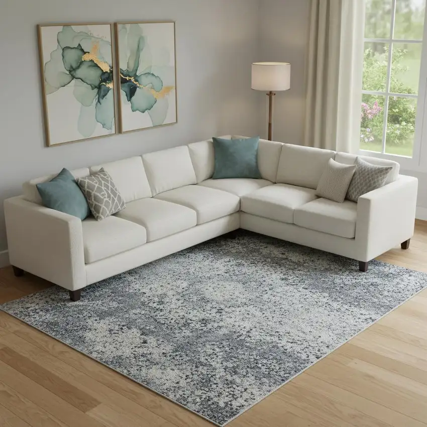 Blue And Ivory Abstract Washable Area Rug With UV Protection Photo 2