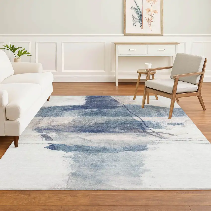 Blue And Ivory Abstract Washable Area Rug With UV Protection Photo 6