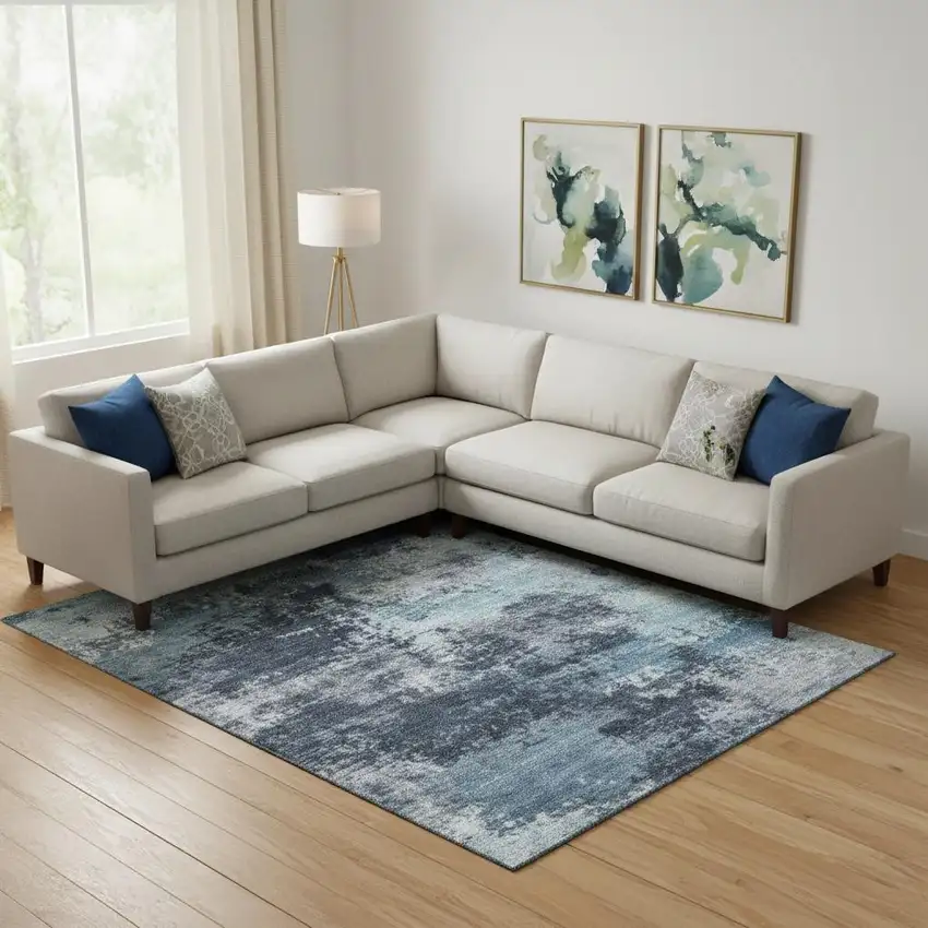 Blue And Ivory Abstract Washable Area Rug With UV Protection Photo 2