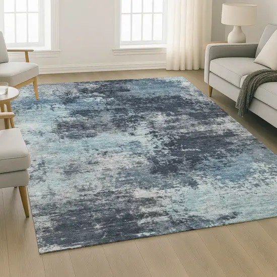 Blue And Ivory Abstract Washable Area Rug With UV Protection Photo 6