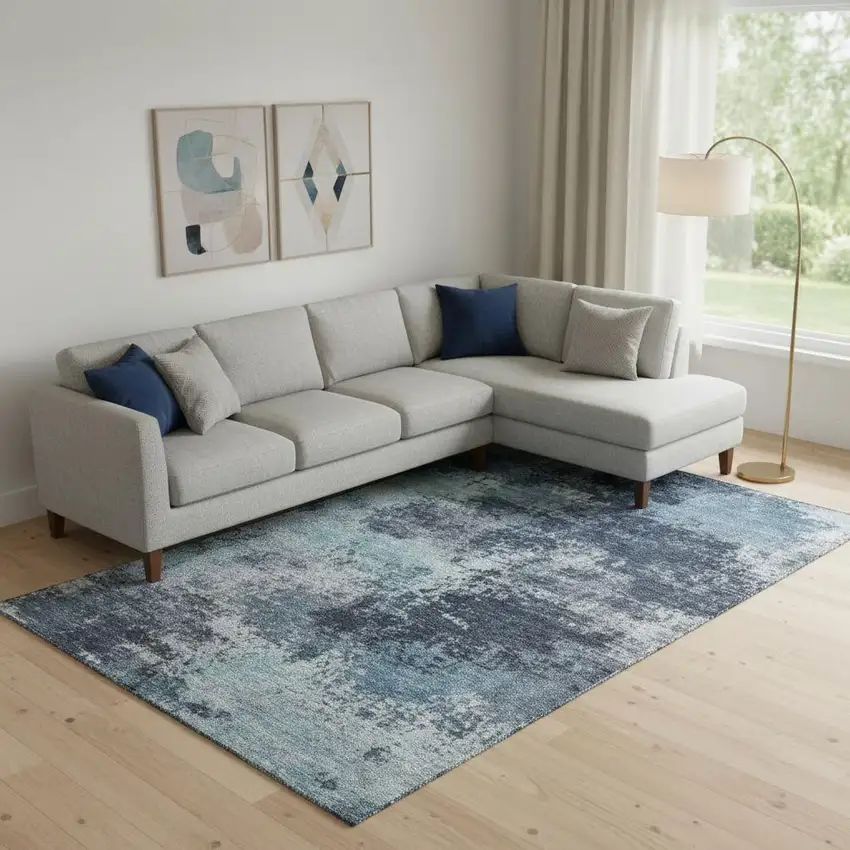 Blue And Ivory Abstract Washable Area Rug With UV Protection Photo 2