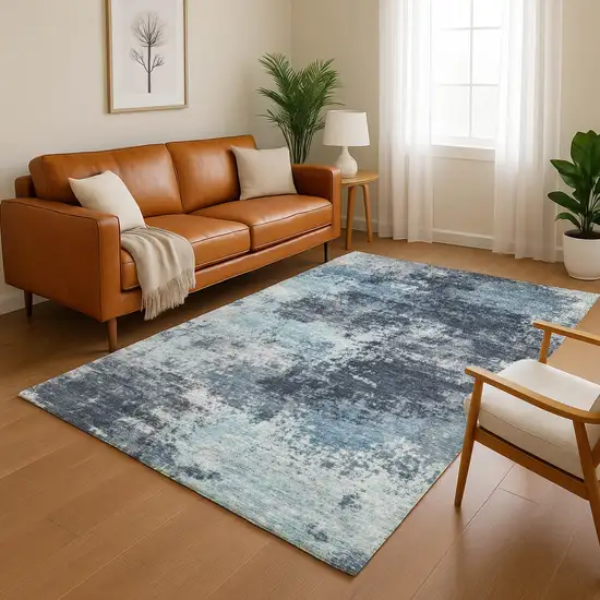 Blue And Ivory Abstract Washable Area Rug With UV Protection Photo 5