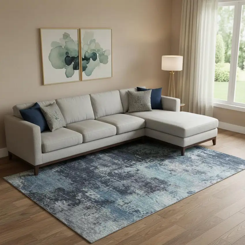 Blue And Ivory Abstract Washable Area Rug With UV Protection Photo 2