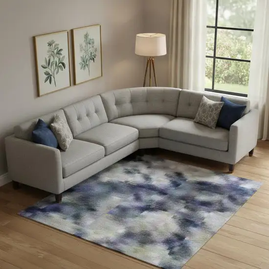 Blue And Ivory Abstract Washable Area Rug With UV Protection Photo 2