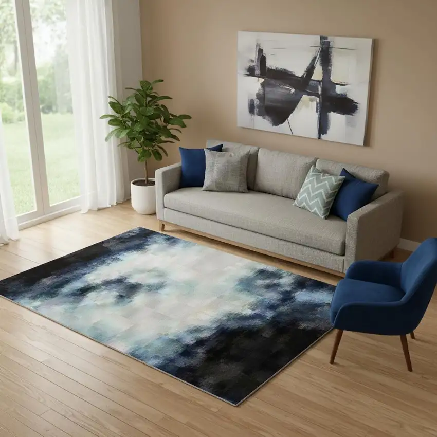 Blue And Ivory Abstract Washable Area Rug With UV Protection Photo 2