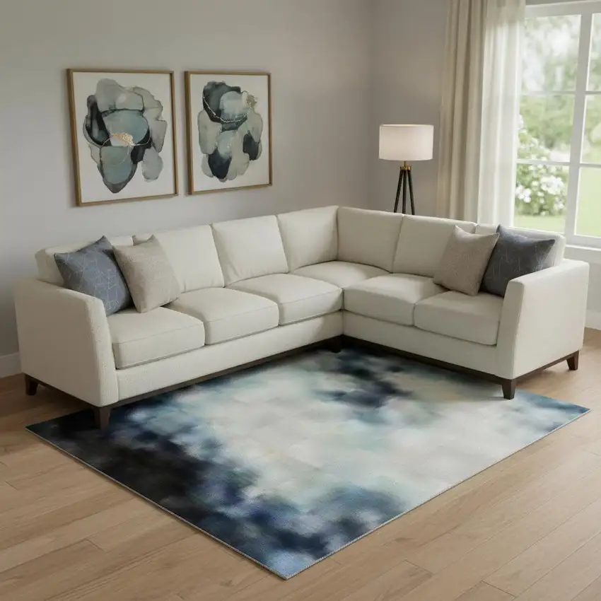 Blue And Ivory Abstract Washable Area Rug With UV Protection Photo 2