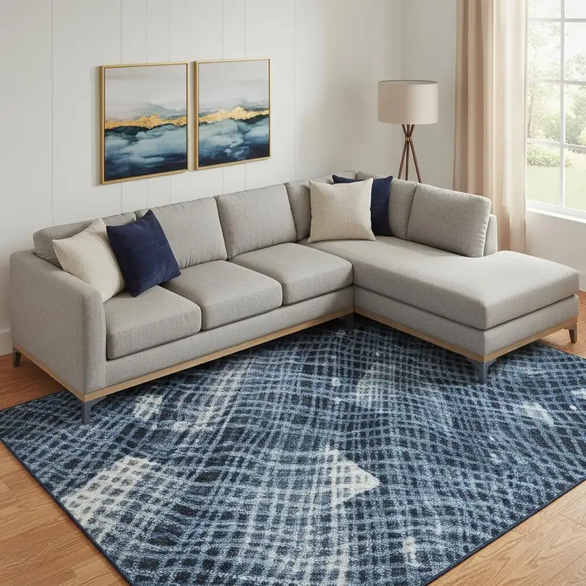 Blue And Ivory Abstract Washable Area Rug With UV Protection Photo 2