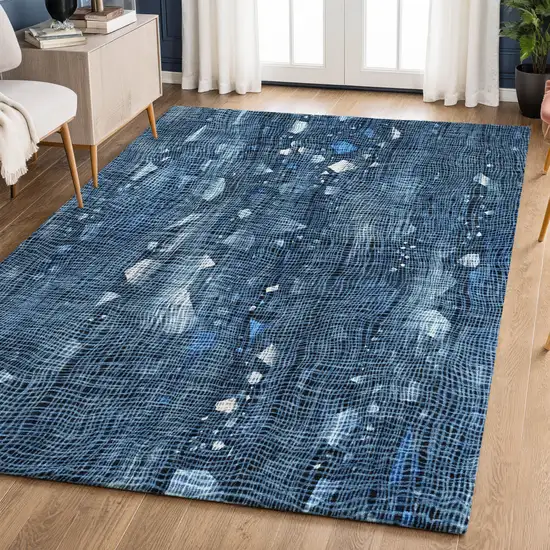 Blue And Ivory Abstract Washable Area Rug With UV Protection Photo 6