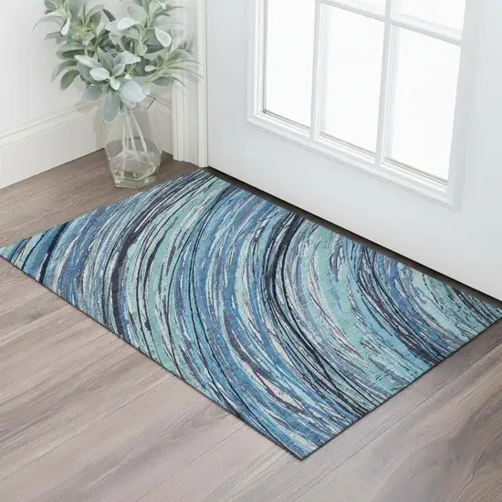 Blue And Ivory Abstract Washable Area Rug With UV Protection Photo 2