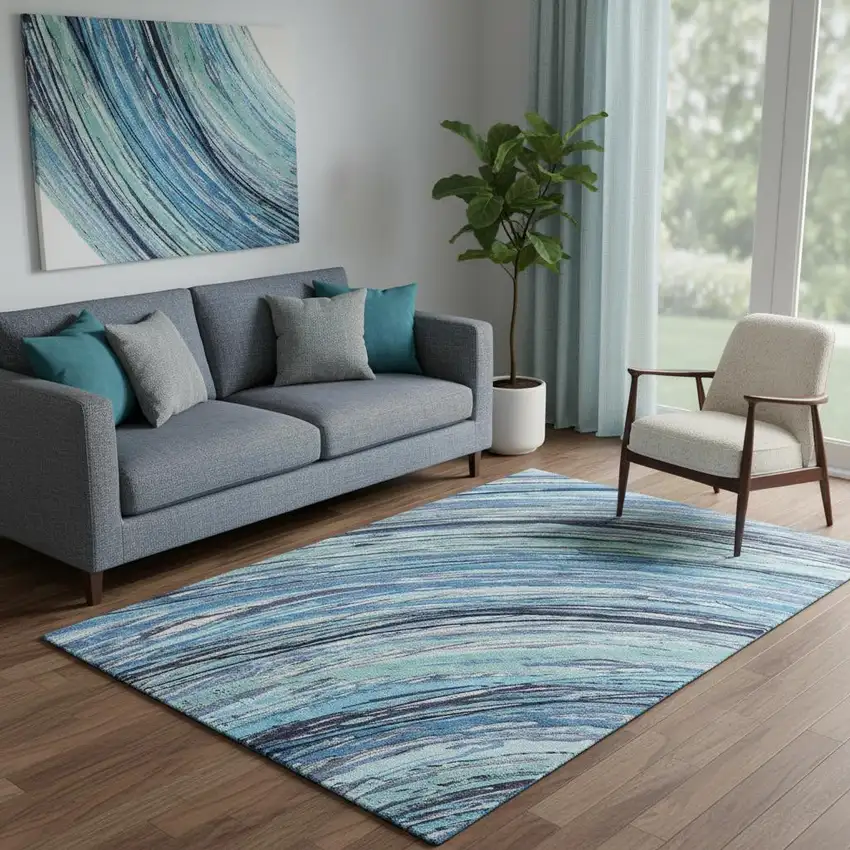 Blue And Ivory Abstract Washable Area Rug With UV Protection Photo 2