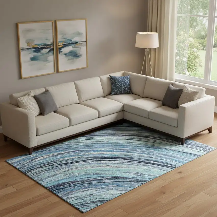 Blue And Ivory Abstract Washable Area Rug With UV Protection Photo 2