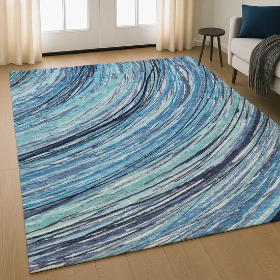 Blue And Ivory Abstract Washable Area Rug With UV Protection Photo 5