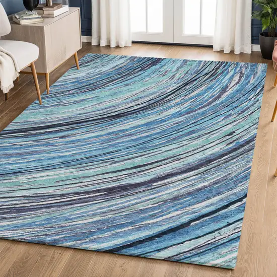 Blue And Ivory Abstract Washable Area Rug With UV Protection Photo 6