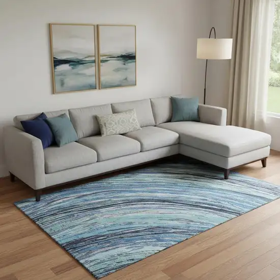 Blue And Ivory Abstract Washable Area Rug With UV Protection Photo 2