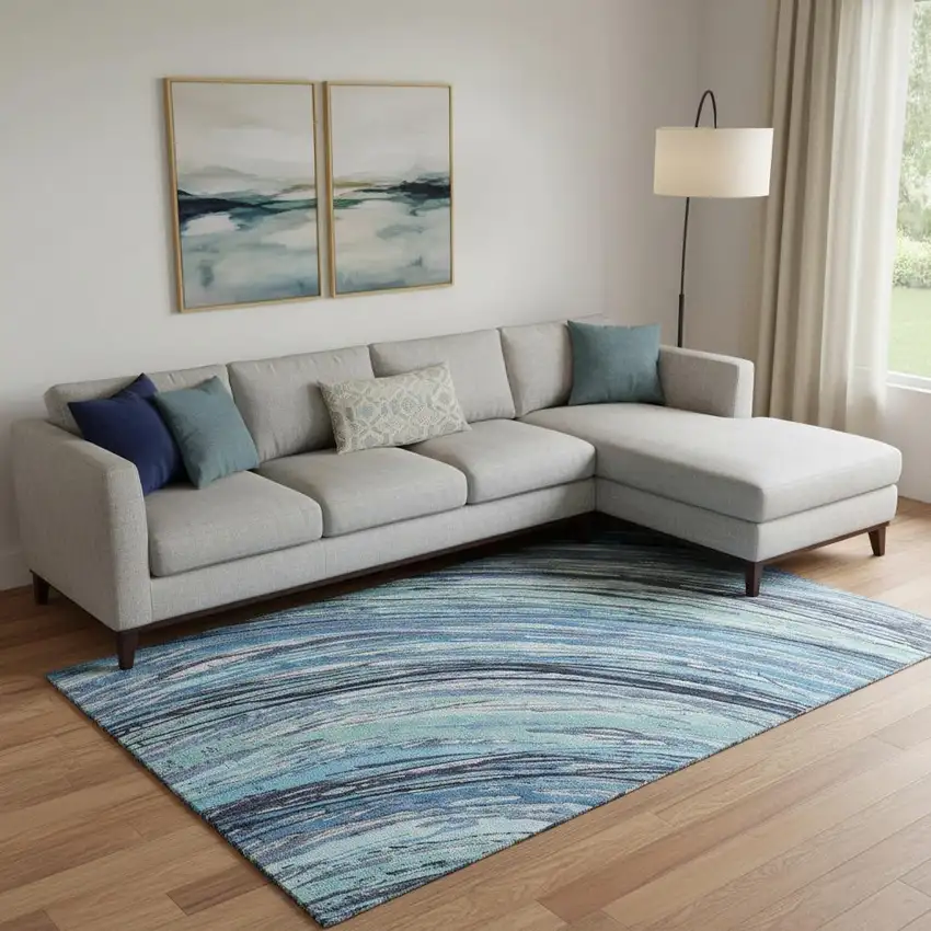 Blue And Ivory Abstract Washable Area Rug With UV Protection Photo 2