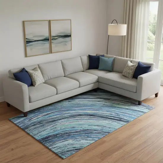 Blue And Ivory Abstract Washable Area Rug With UV Protection Photo 2