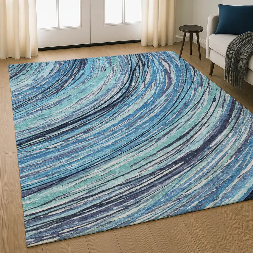 Blue And Ivory Abstract Washable Area Rug With UV Protection Photo 5