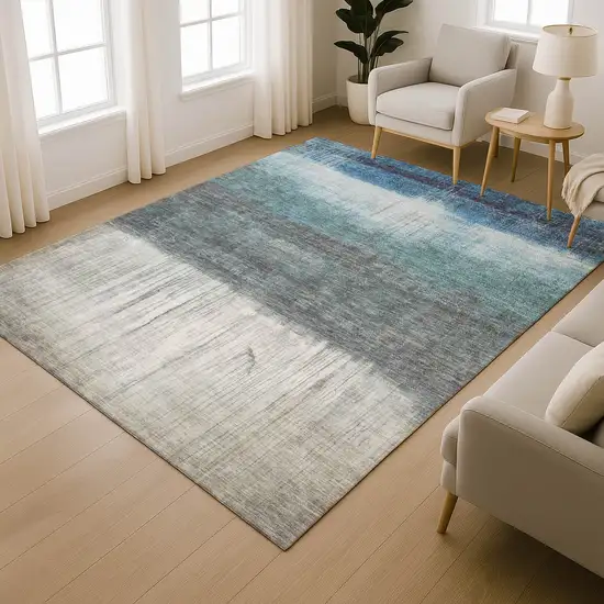Blue And Ivory Abstract Washable Area Rug With UV Protection Photo 2