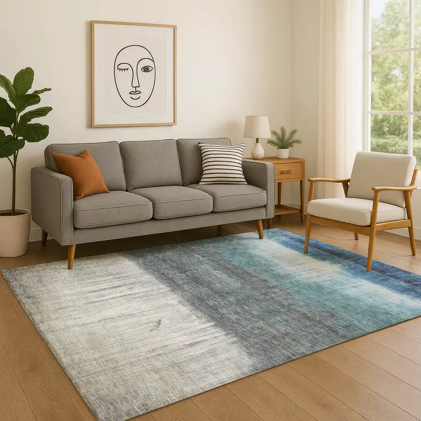 Blue And Ivory Abstract Washable Area Rug With UV Protection Photo 1