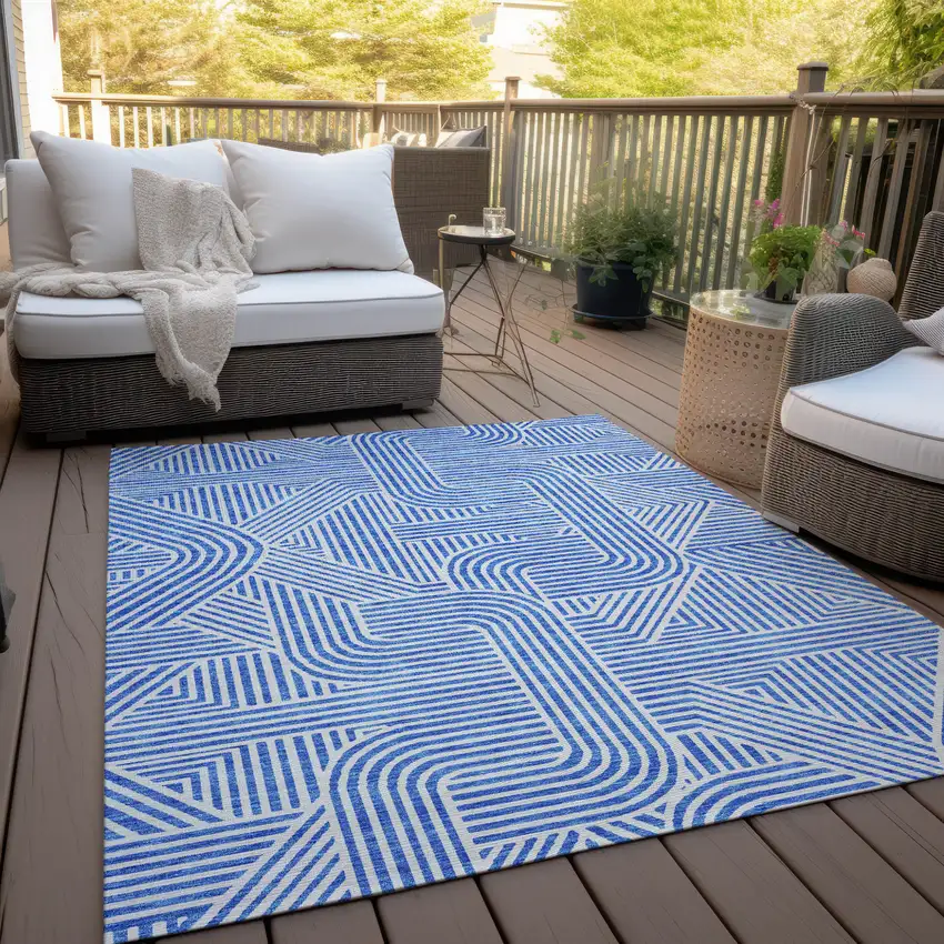 Blue And Ivory Abstract Washable Indoor Outdoor Area Rug Photo 9