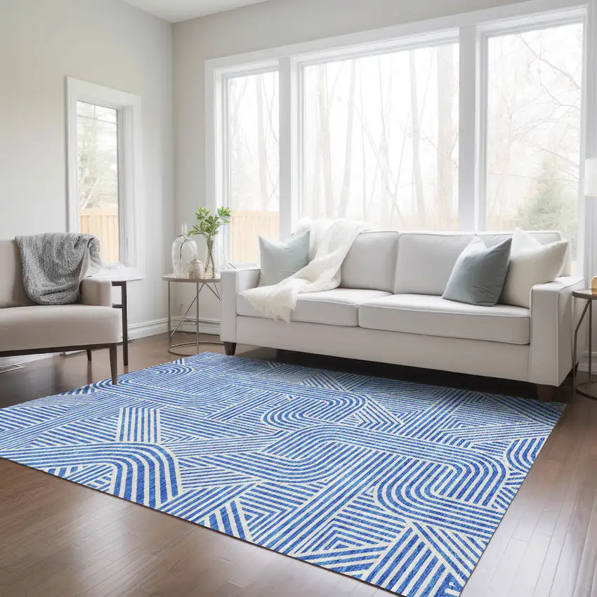 Blue And Ivory Abstract Washable Indoor Outdoor Area Rug Photo 9