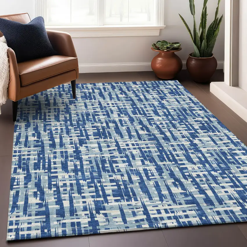 Blue And Ivory Abstract Washable Indoor Outdoor Area Rug Photo 8